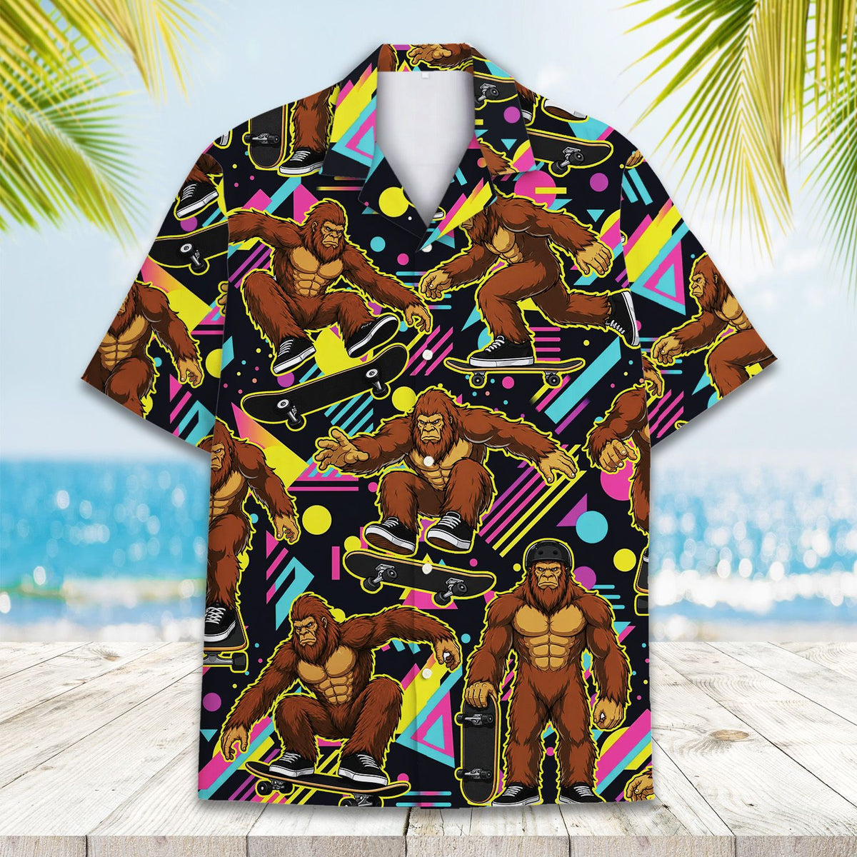 Front view of abstract bigfoot skateboard hawaiian shirt