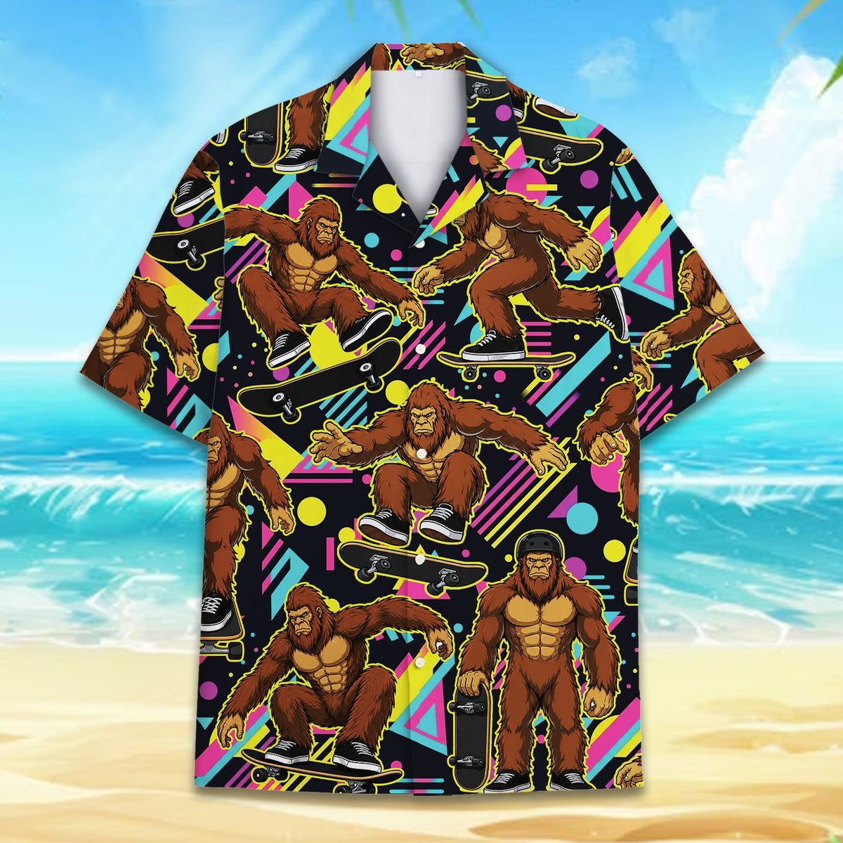 Flat lay front view of retro bigfoot hawaiian shirt