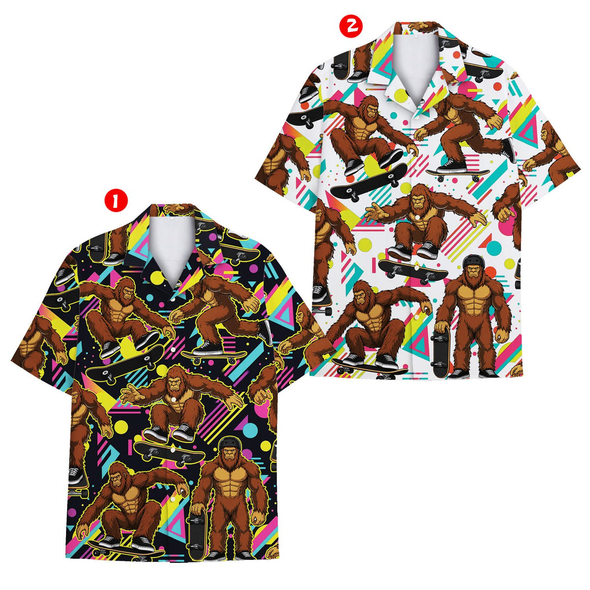 Front view of matching family hawaiian shirts retro bigfoot design