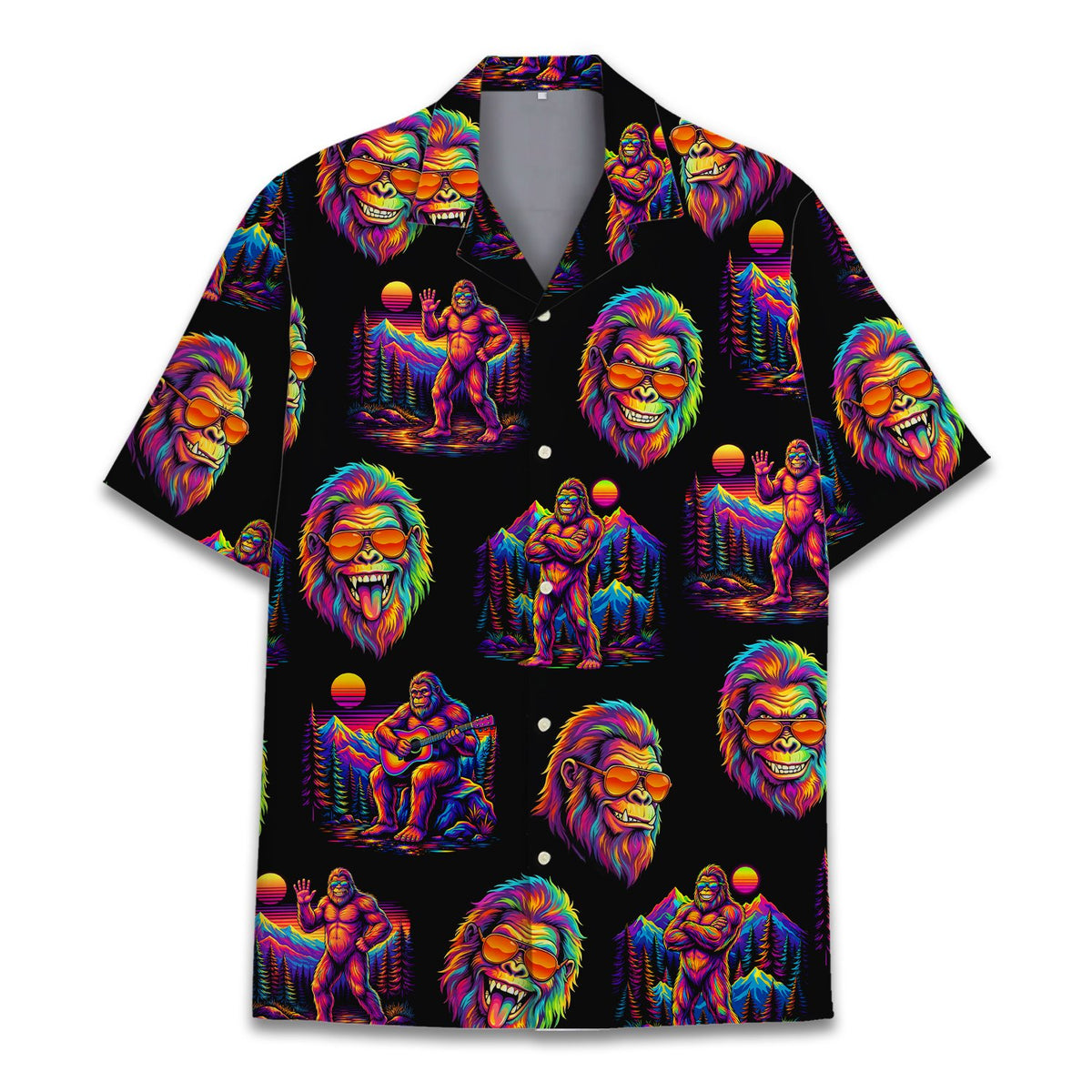 Front view of the matching family hawaiian shirts with bigfoot design