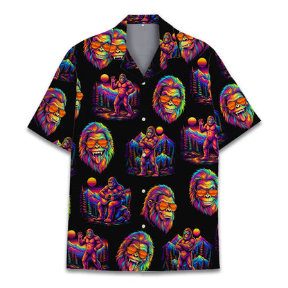 Front view of the matching family hawaiian shirts with bigfoot design