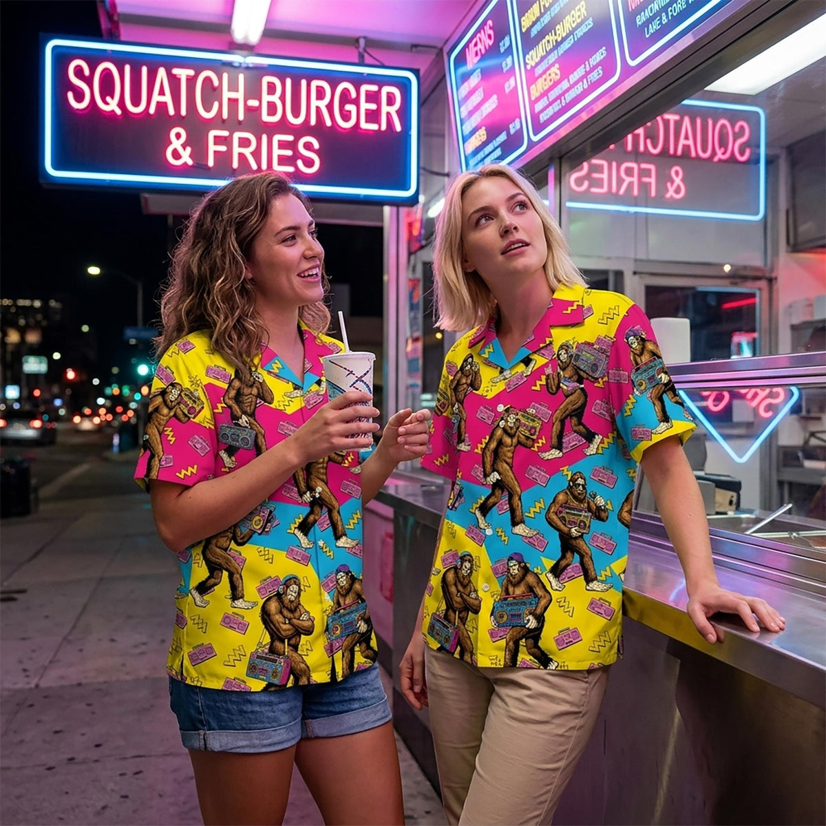 Adult modeling the yellow retro hawaiian shirt outdoors