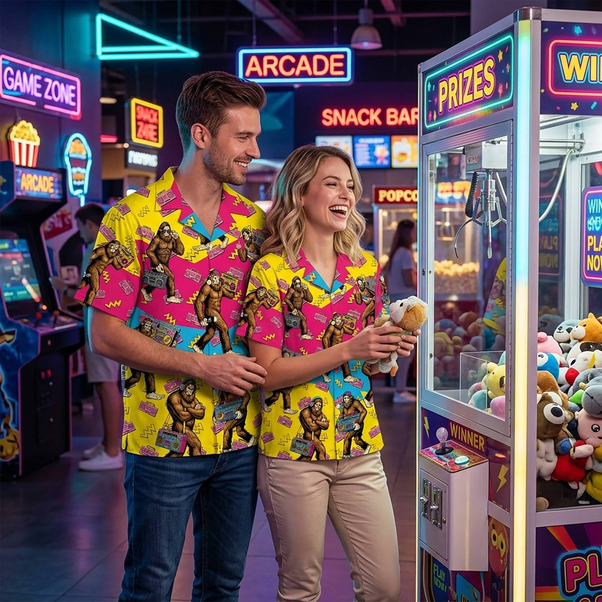 Lifestyle shot of the retro bigfoot hawaiian shirt