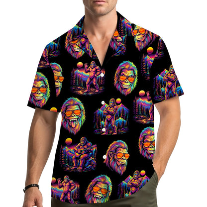 Lifestyle view of a person wearing the retro bigfoot hawaiian shirt