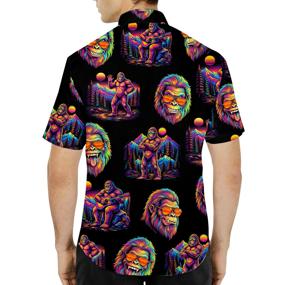 Detailed view of the colorful bigfoot pattern on the hawaiian shirt