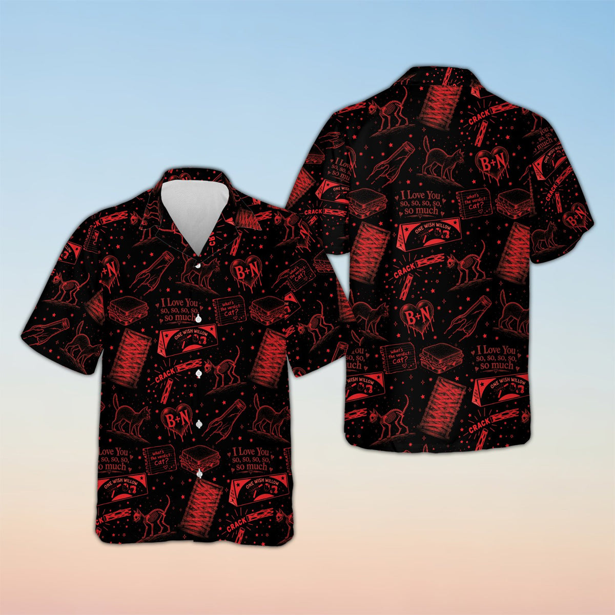 Matching family hawaiian shirts in black with retro red line art graphic, front view