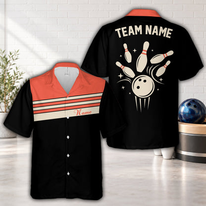 Black retro bowling hawaiian shirt, front view