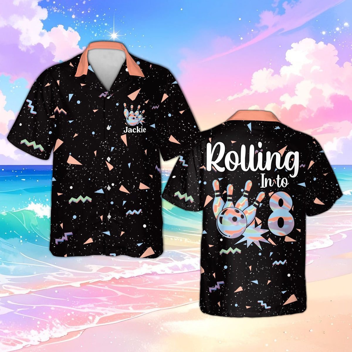 Main view of the personalized retro bowling birthday hawaiian shirt with geometric pattern on a black background