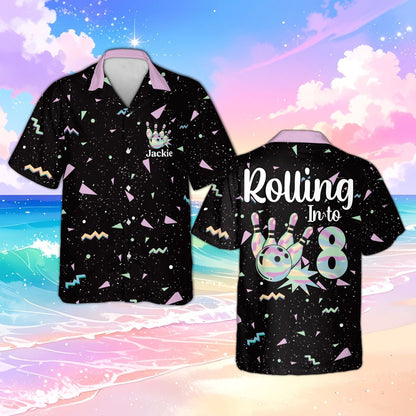 Front detail view of the retro geometric 80s 90s hawaiian shirt