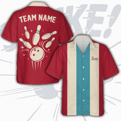 Front view of the buy personalized hawaiian shirt featuring a retro bowling design and vertical stripes