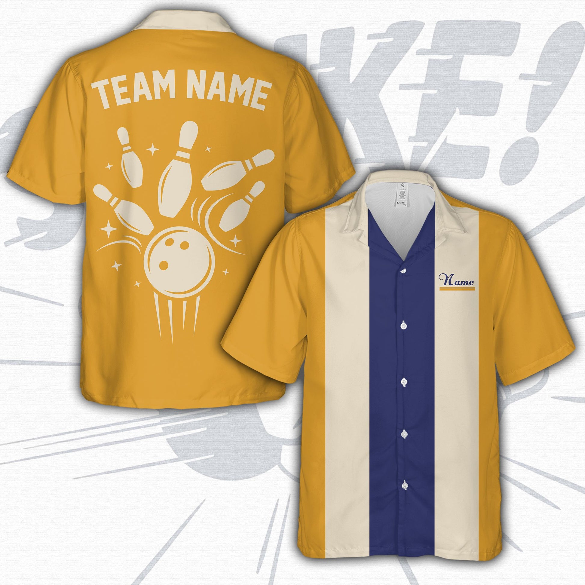 Back view of the matching family hawaiian shirts displaying the bowling ball and pins graphic