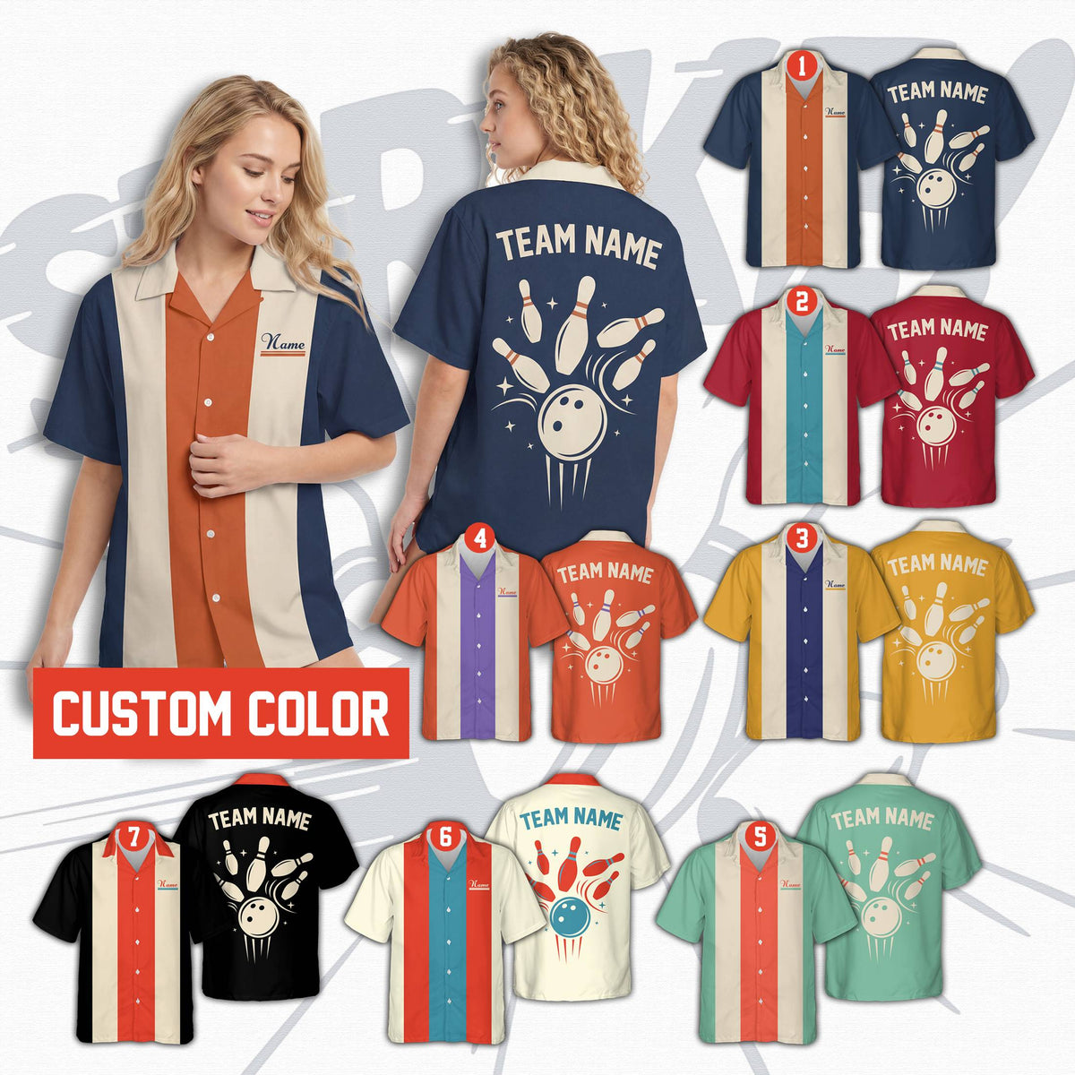 Angled view of the retro bowling shirt showcasing the personalized name area