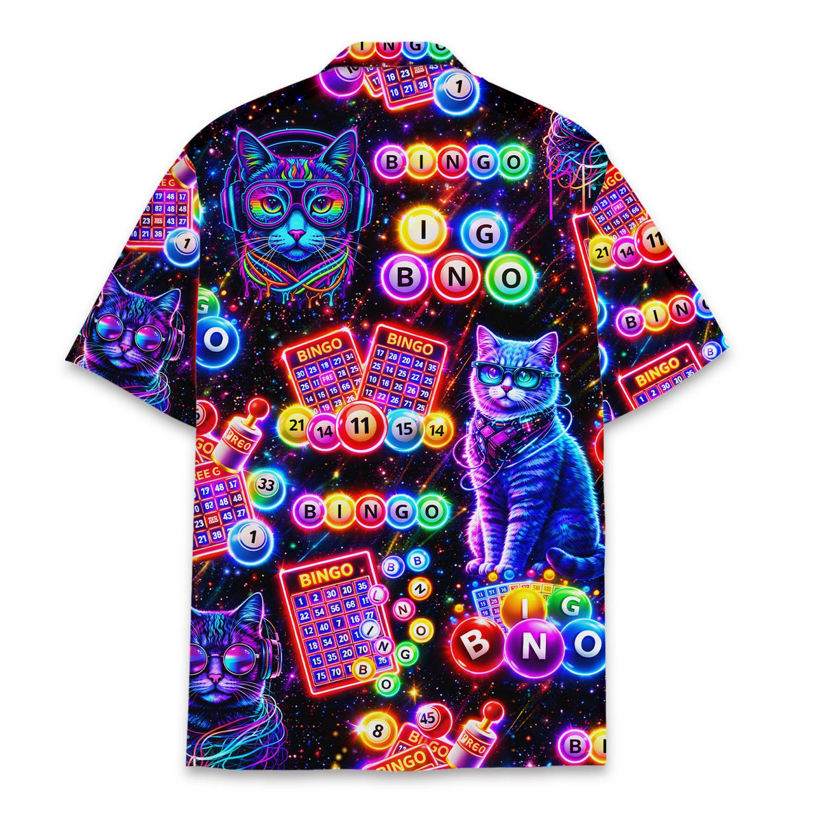 Back view of the retro cats and bingo hawaiian shirt featuring space pattern