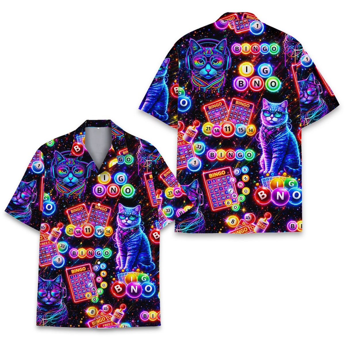 Front view of the retro cats and bingo hawaiian shirt in black and neon colors