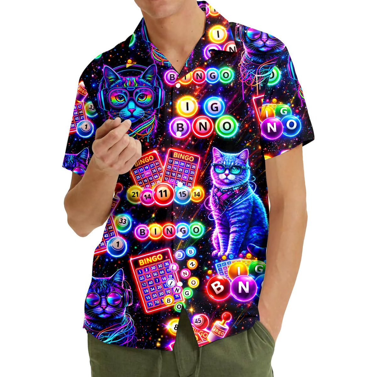 Second lifestyle view of the matching family hawaiian shirts in retro cats and bingo design