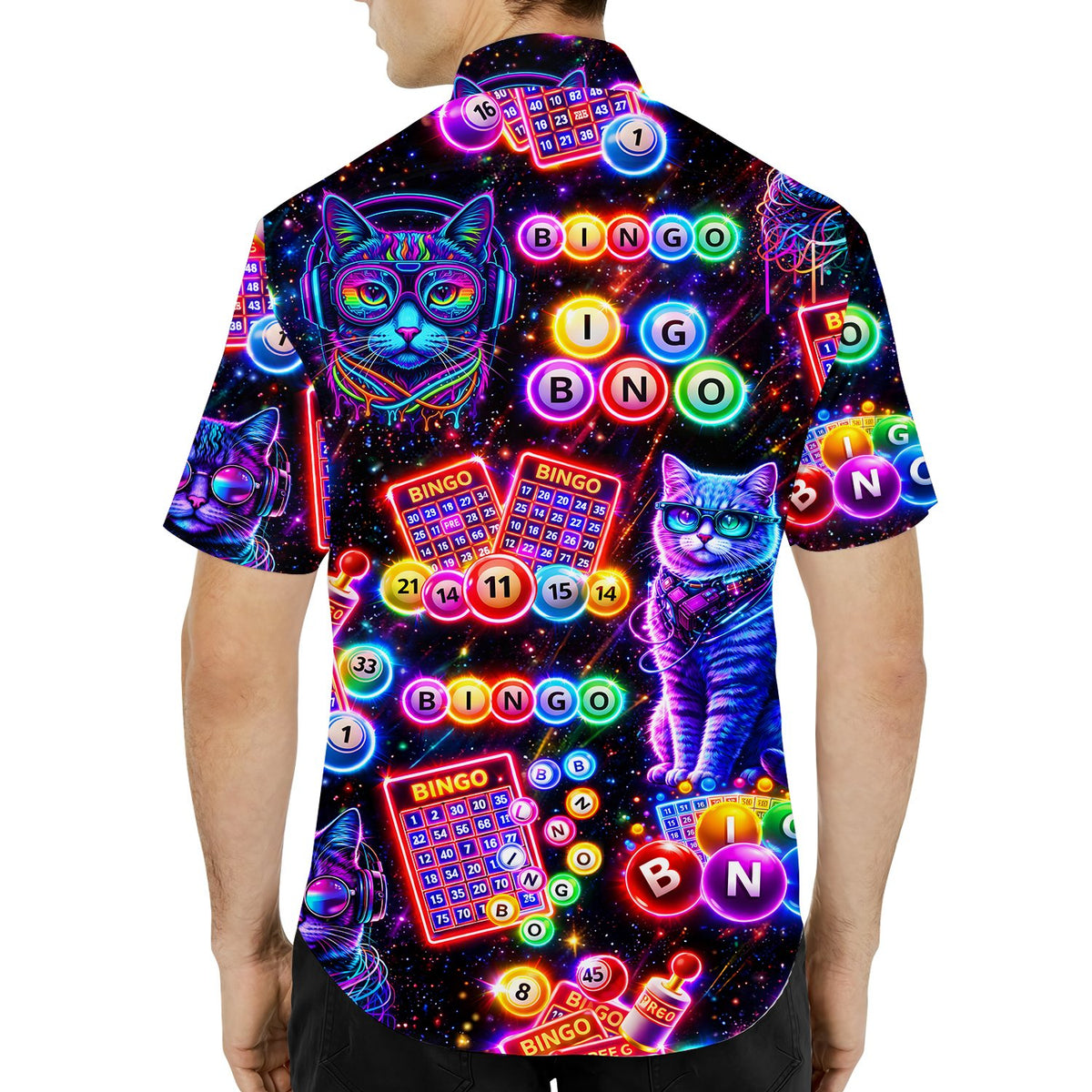 Third lifestyle view showcasing the vibrant retro cats and bingo hawaiian shirt outdoors