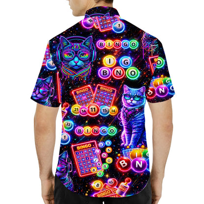 Third lifestyle view showcasing the vibrant retro cats and bingo hawaiian shirt outdoors