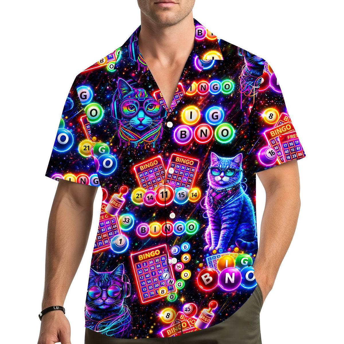 Lifestyle view of a person wearing the retro cats and bingo hawaiian shirt