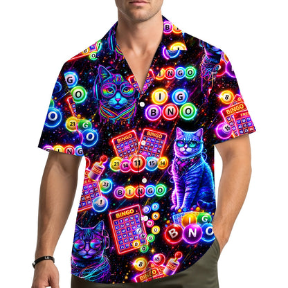 Lifestyle view of a person wearing the retro cats and bingo hawaiian shirt