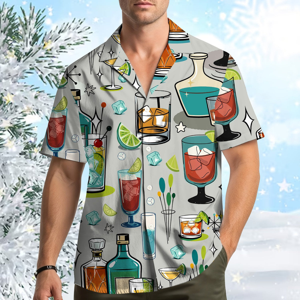 Lifestyle view of someone wearing the matching family Hawaiian shirts with retro cocktail theme