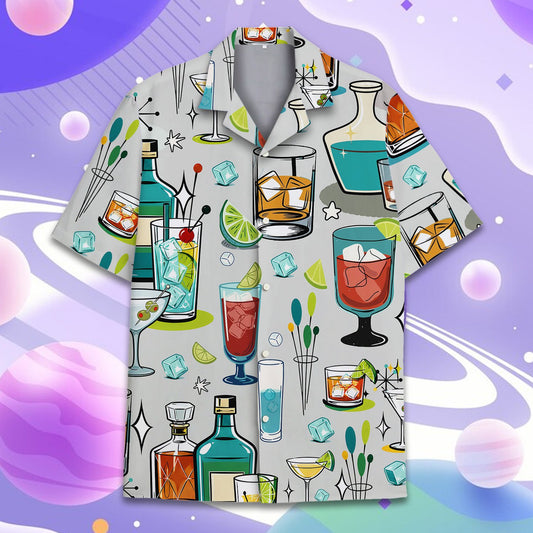 Matching family Hawaiian shirts with retro cocktail pattern on light gray background, main view