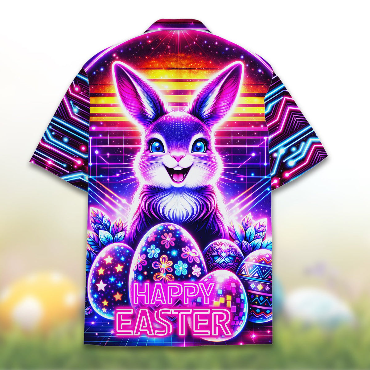 Detailed back view of the retro cyberpunk hawaiian shirt.