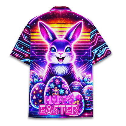 Back view of the retro cyberpunk hawaiian shirt showing the glowing neon design.
