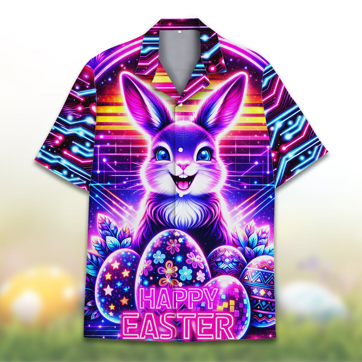 Detailed front view of the neon Easter bunny and eggs on the retro cyberpunk hawaiian shirt.