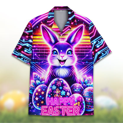 Detailed front view of the neon Easter bunny and eggs on the retro cyberpunk hawaiian shirt.