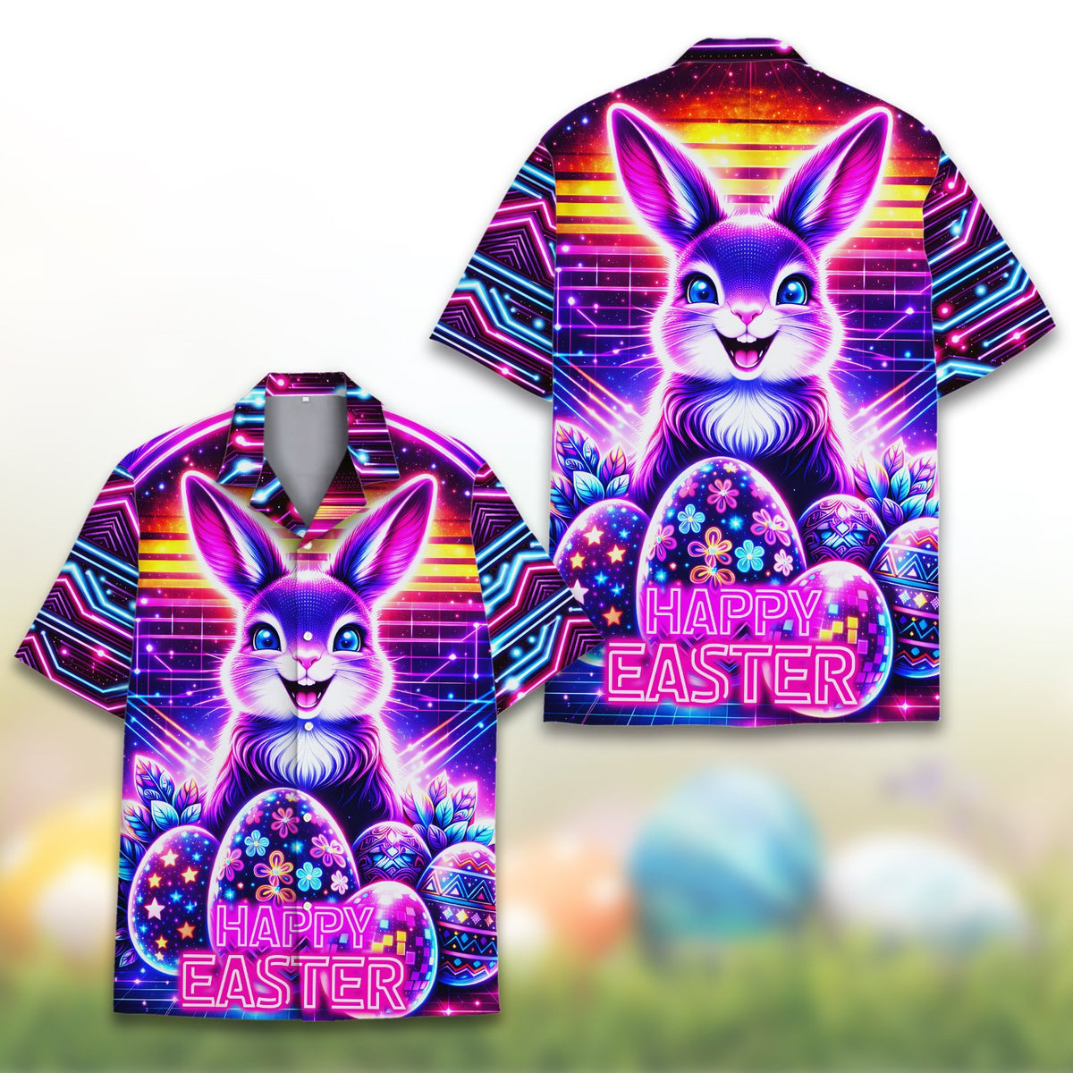 Another detailed front view of the retro cyberpunk hawaiian shirt for Easter.