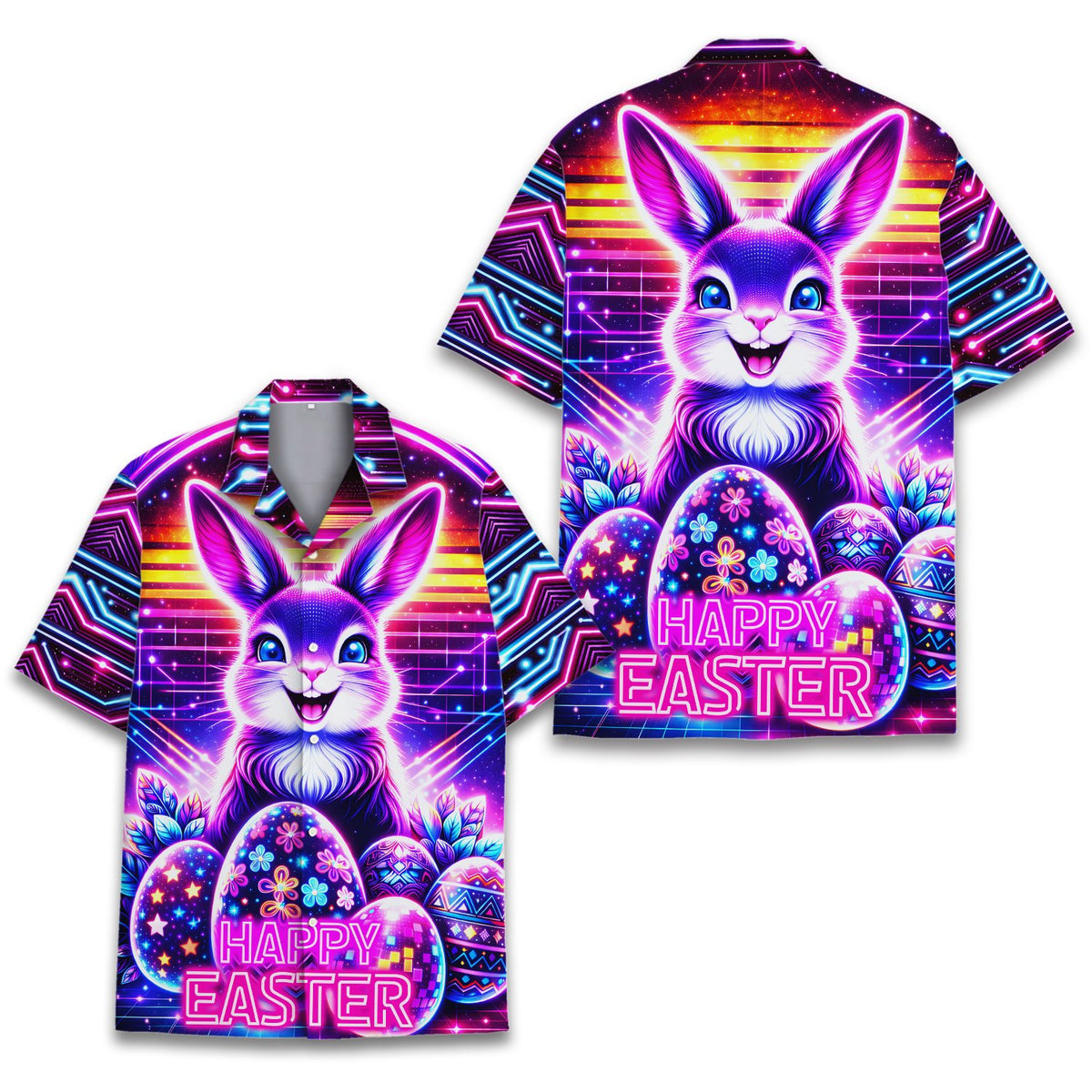 Front flat lay of the retro cyberpunk hawaiian shirt with an Easter bunny design.
