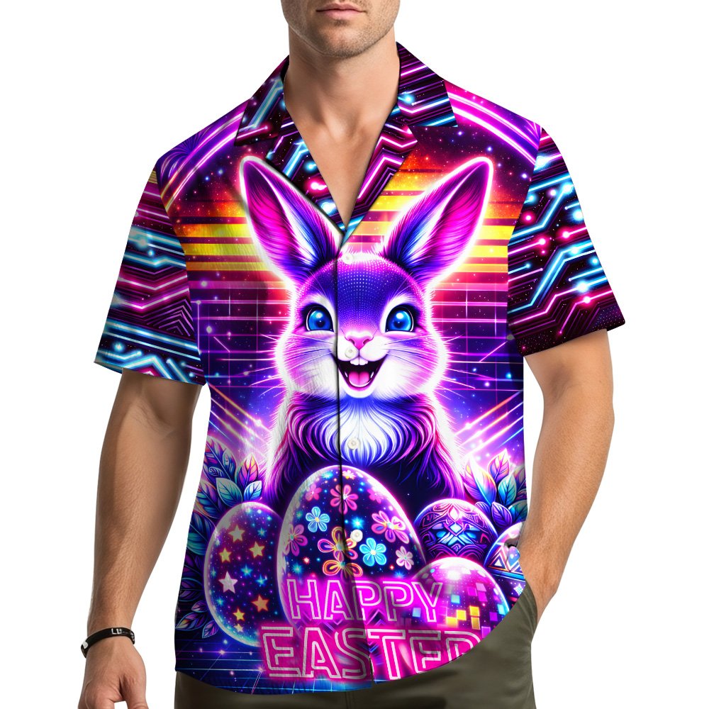 Adult wearing the retro cyberpunk hawaiian shirt in a lifestyle setting.