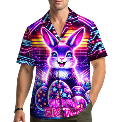 Adult wearing the retro cyberpunk hawaiian shirt in a lifestyle setting.