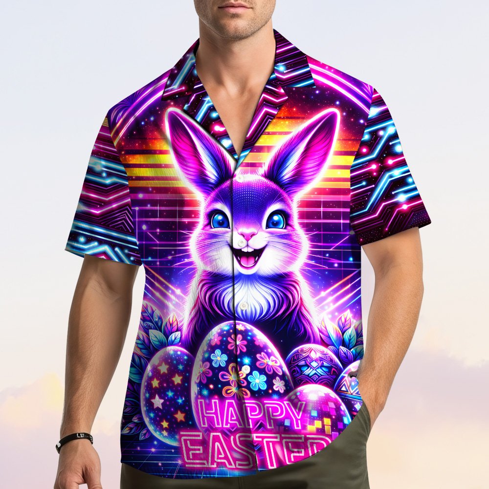 Adult wearing the matching family retro cyberpunk hawaiian shirt outdoors.