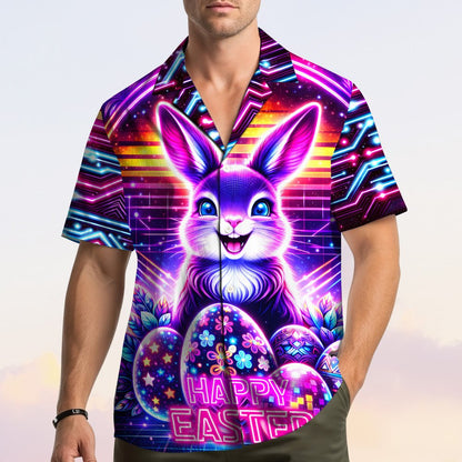 Adult wearing the matching family retro cyberpunk hawaiian shirt outdoors.