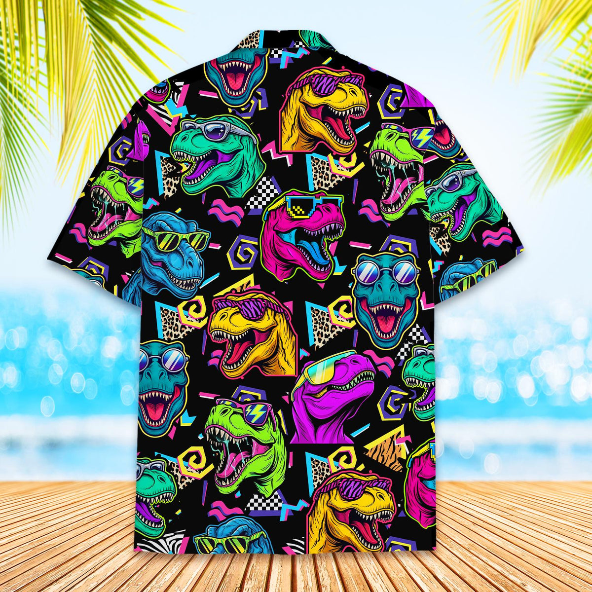 Another back view of the vibrant 90s retro dinosaur hawaiian shirt