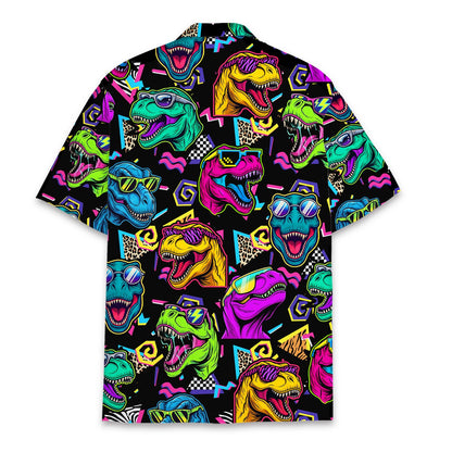 Back view of the retro dinosaur hawaiian shirt on black background