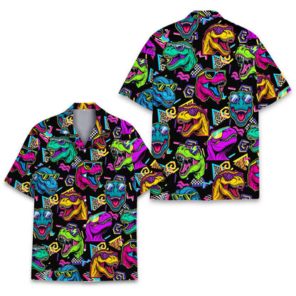 Another front view of the retro neon dinosaur hawaiian shirt