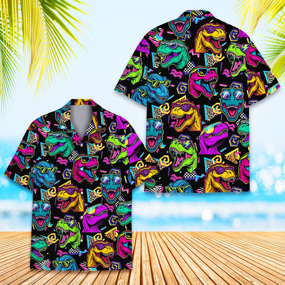 Close up front view of the dinosaur print hawaiian shirt