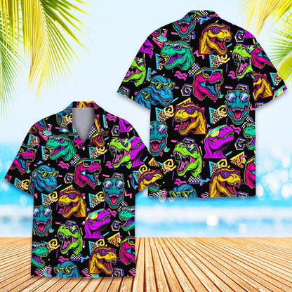 Close up front view of the dinosaur print hawaiian shirt