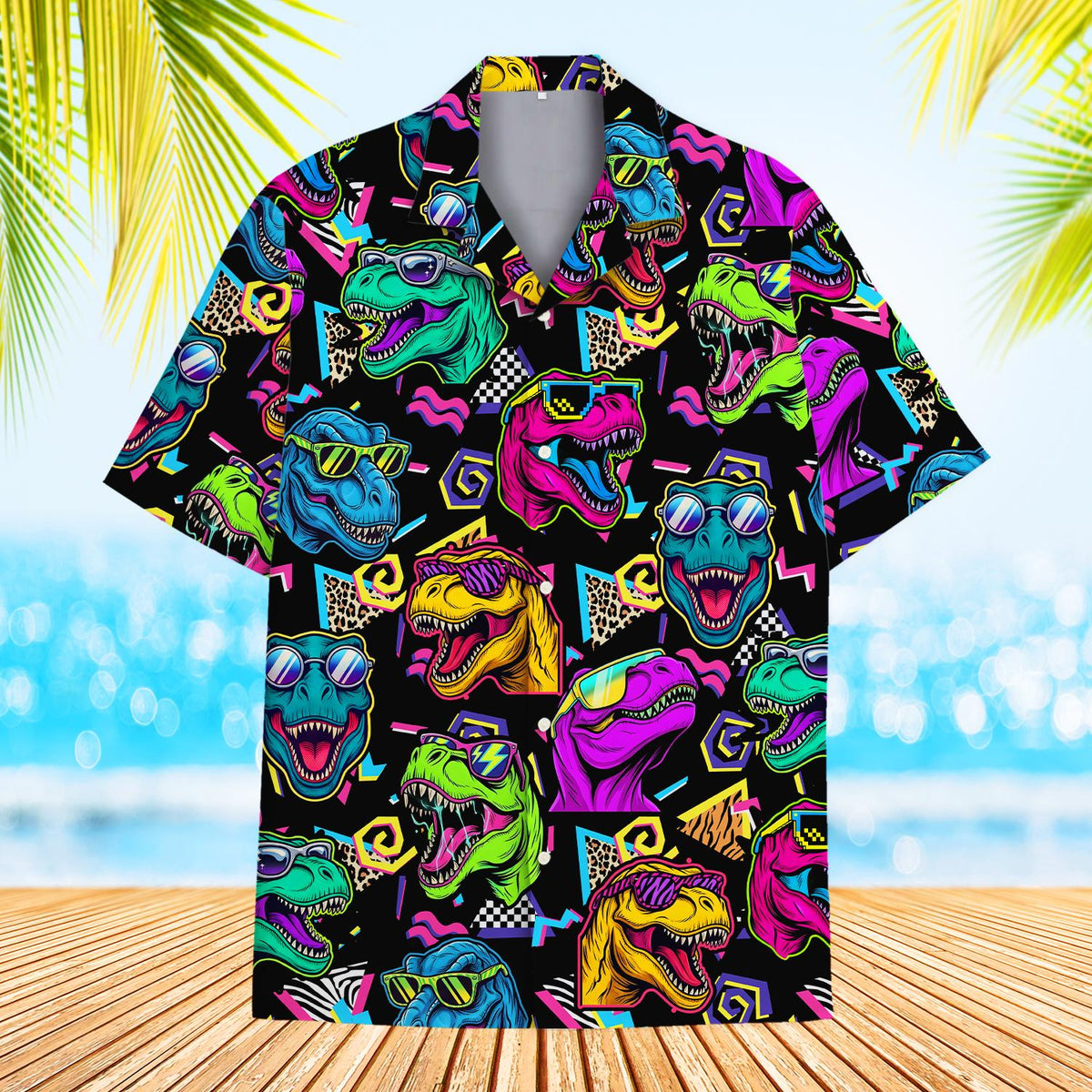 Matching family hawaiian shirts with retro dinosaur design, main view
