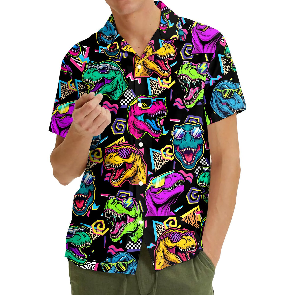 Third lifestyle view of the neon T-Rex hawaiian shirt in a summer setting
