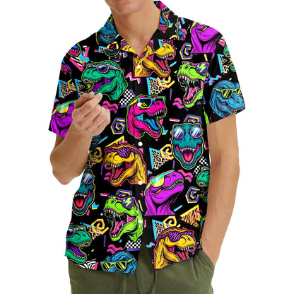 Third lifestyle view of the neon T-Rex hawaiian shirt in a summer setting