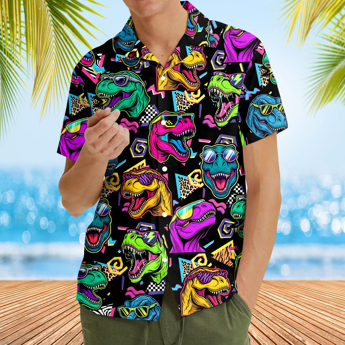 Fourth lifestyle view of the 90s retro dinosaur hawaiian shirt outdoors