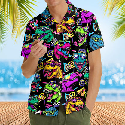 Fourth lifestyle view of the 90s retro dinosaur hawaiian shirt outdoors