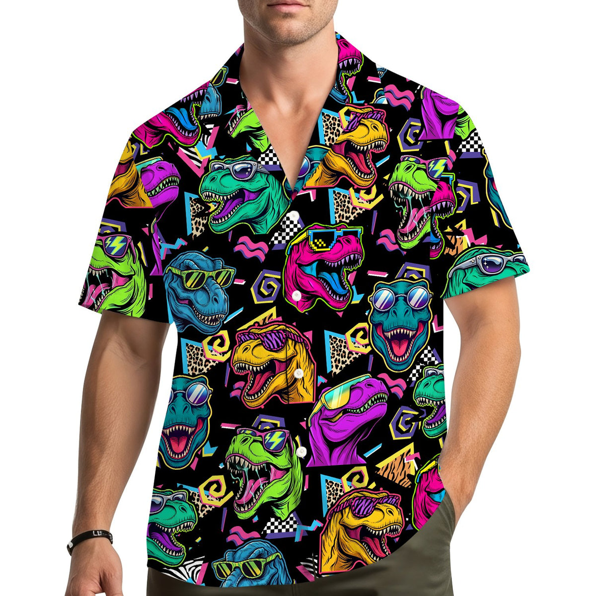 Lifestyle view of a person wearing the dinosaur hawaiian shirt