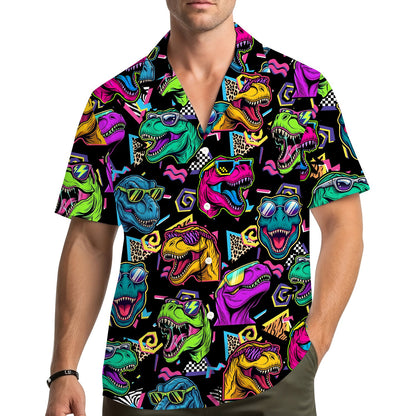Lifestyle view of a person wearing the dinosaur hawaiian shirt
