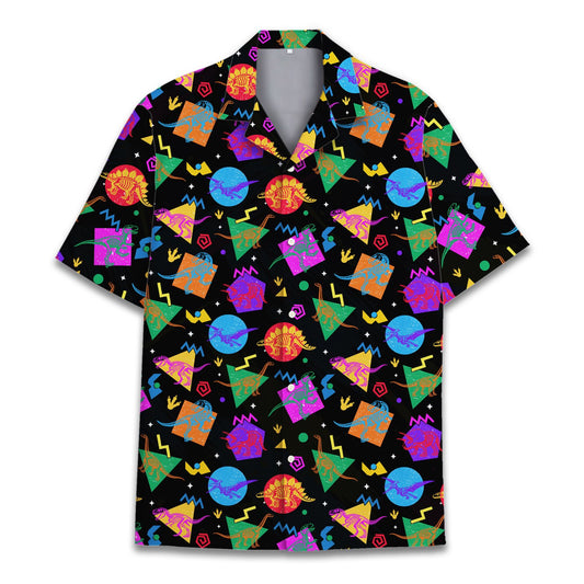 Matching family hawaiian shirts featuring retro dinosaurs on a black background, main view.