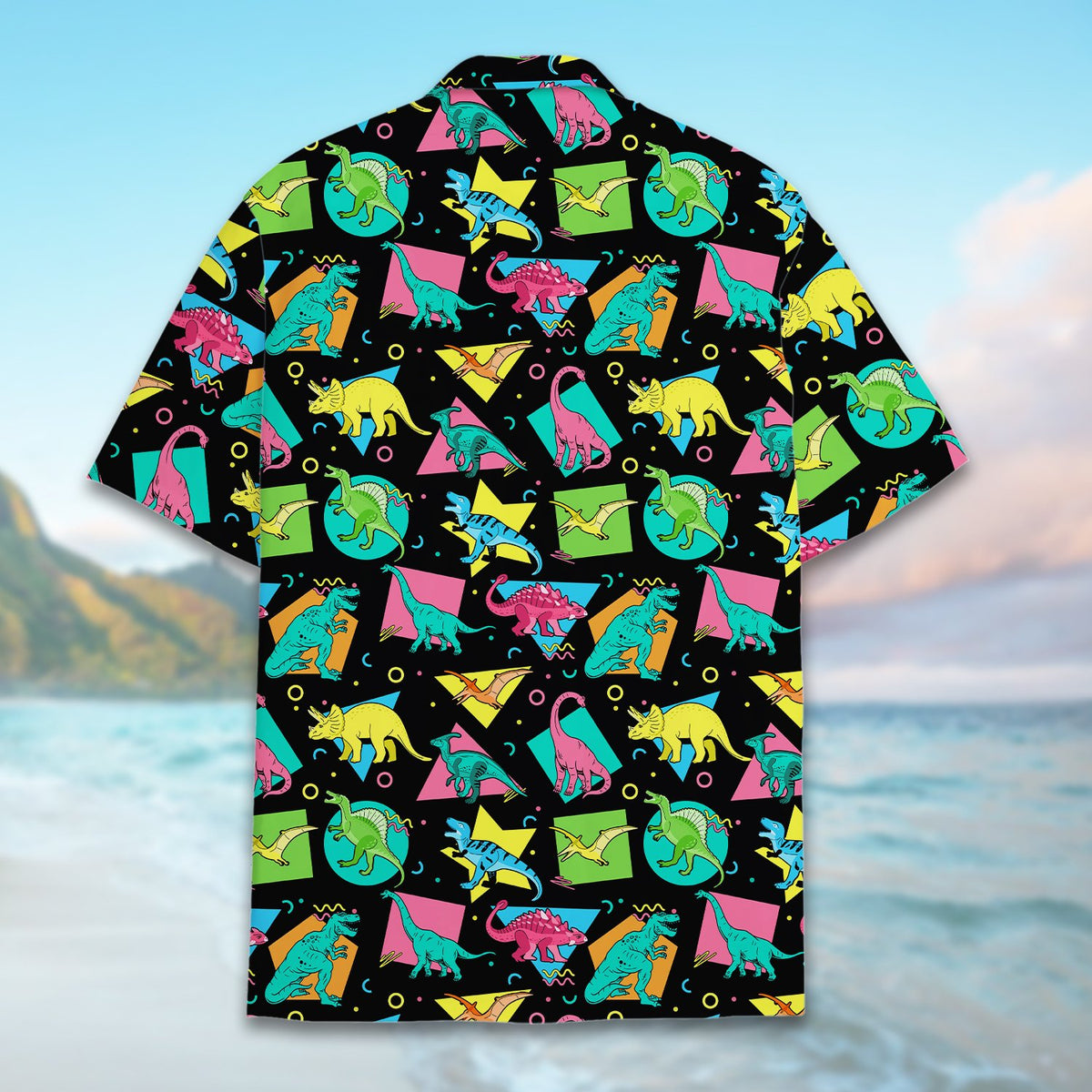Detailed back view of the vibrant 80s style matching family hawaiian shirt