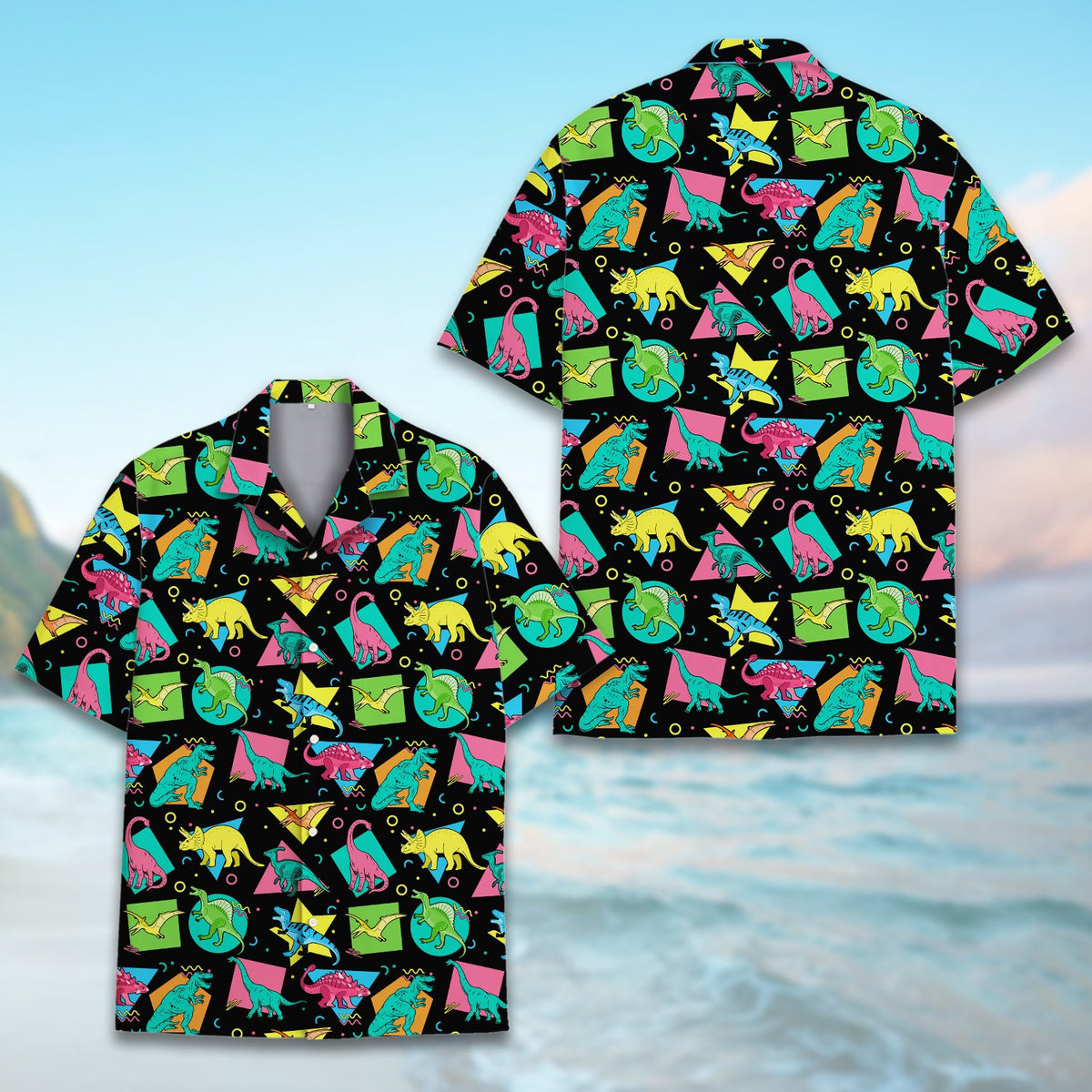 Detailed front view of the neon dinosaur pattern hawaiian shirt